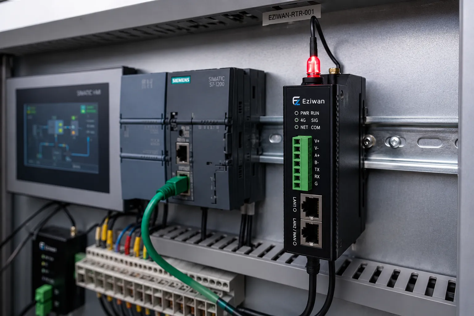 Eziwan Gateway installé dans une armoire industrielle avec automate Siemens