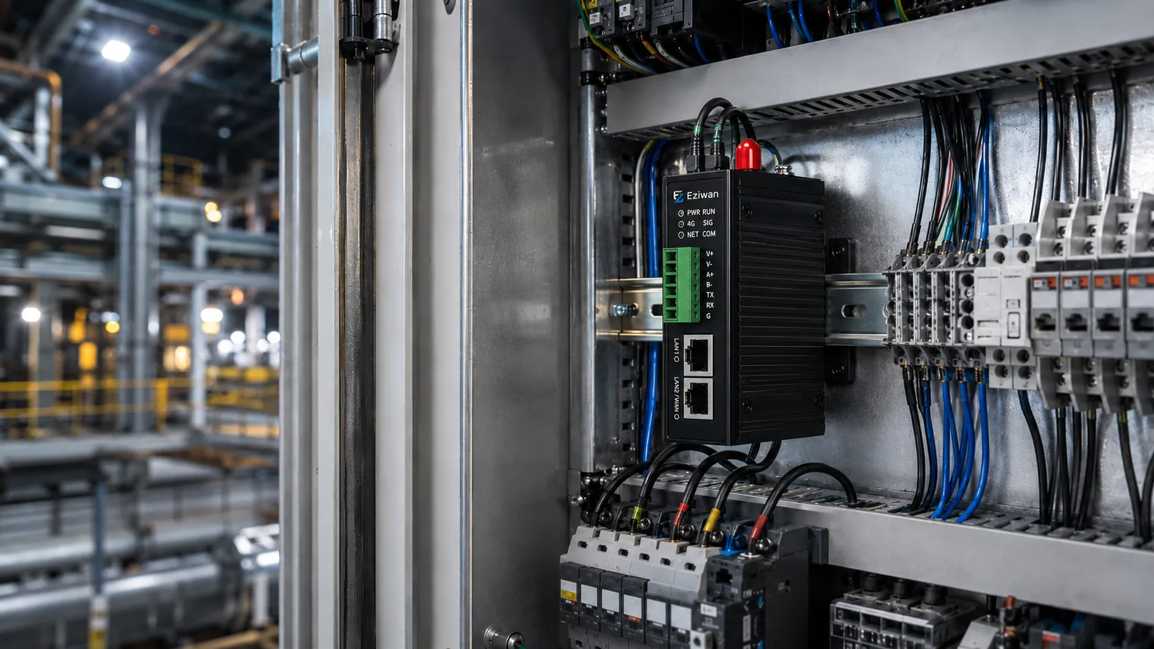 Gateway Eziwan sur rail DIN dans une armoire industrielle — RS485, environnement critique